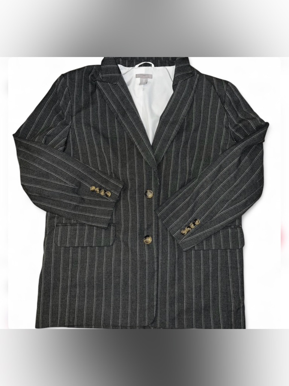 Women's H&M Pinstripe Blazer - Dark Gray with White Stripes Medium